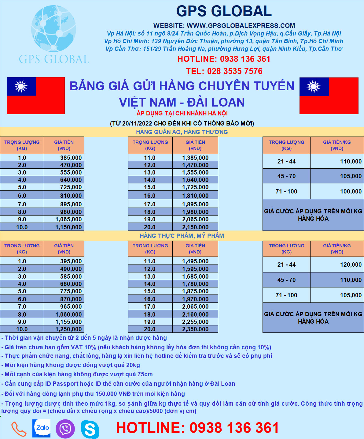 Bảng giá gửi hàng đi đài loan tại TP Hà Nội