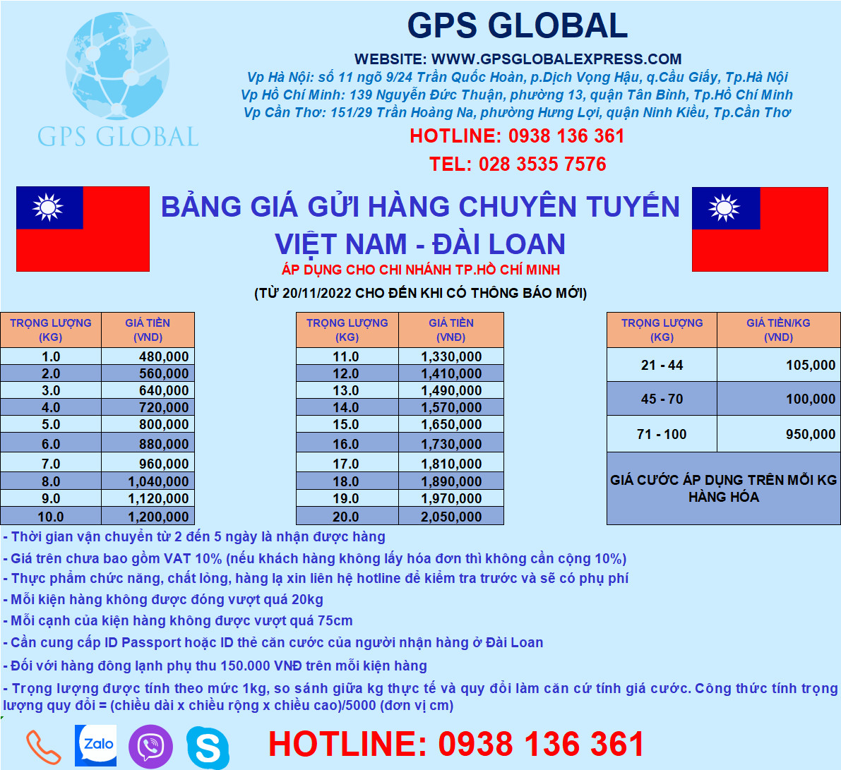 Bảng giá gửi hàng đi đài loan tại TP HCM